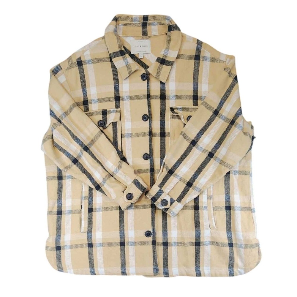 Lucky Brand Flannel Shacket Women XL Tan Black Plaid Button Down Long Sleeve EUC